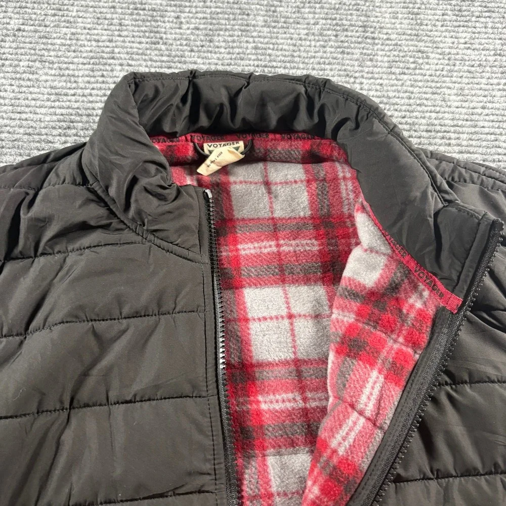 Voyager Mens Puffer Jacket Large Black Quilted Full Zip Red Plaid Fleece Lining